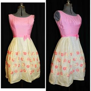 VTG 60s Pink Ivory Floral Chiffon Party Dress XXS